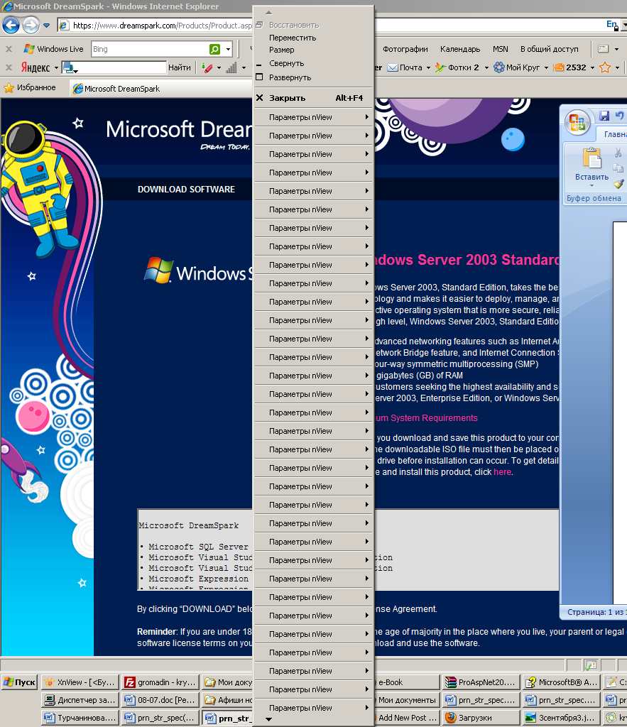 Сто меню nView на одно окно. Microsoft DreamSpark, Internet explorer 8. MS Office 2007